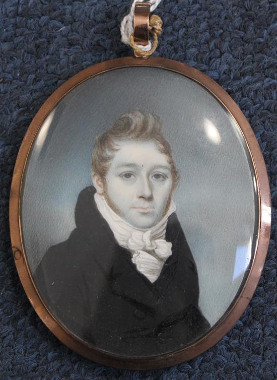 Early 19th century English School Miniature portrait of a gentleman in a black coat, 2.75 x 2.25in.